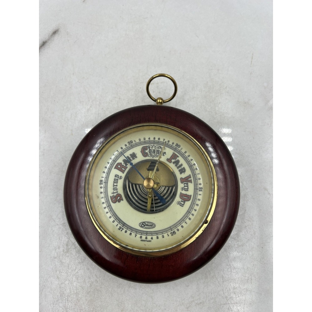 Stella Aneroid Barometer Wall Hanging Wood Brass Bezel Round Made in Germany